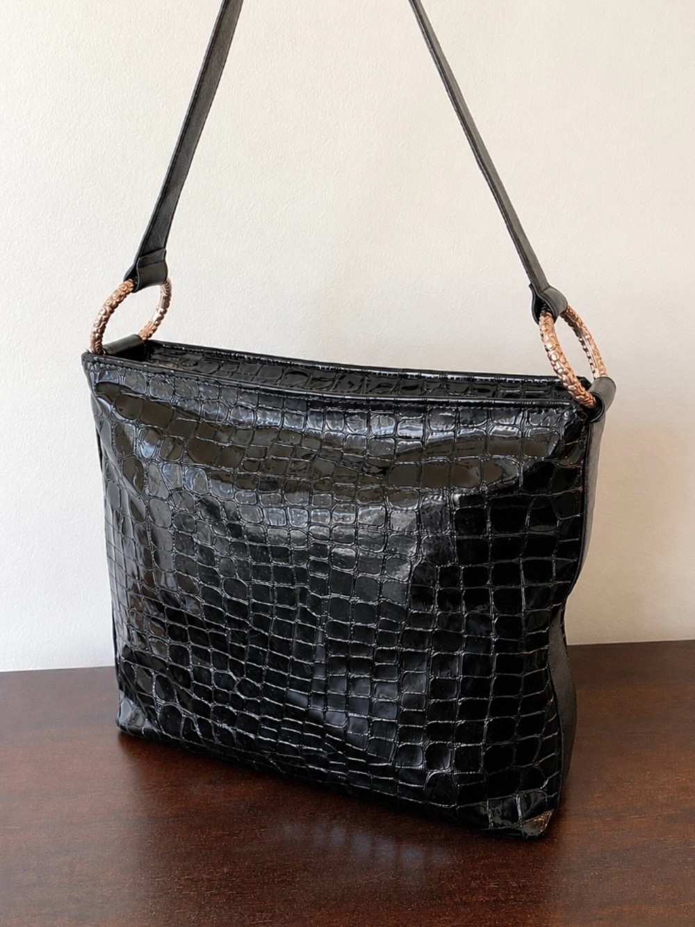 Brighton Cher Black Croc-Embossed Patent Leather Shoulder Bag